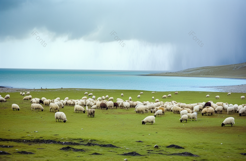 湖边广阔的绿色草原上有羊群,高清,摄影图,摄影图片,图片大全,摄影图免费下载